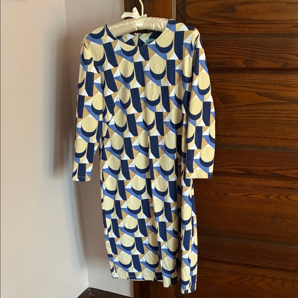 J. McLaughlin Blue & Cream Geometric Long-Sleeve Dress